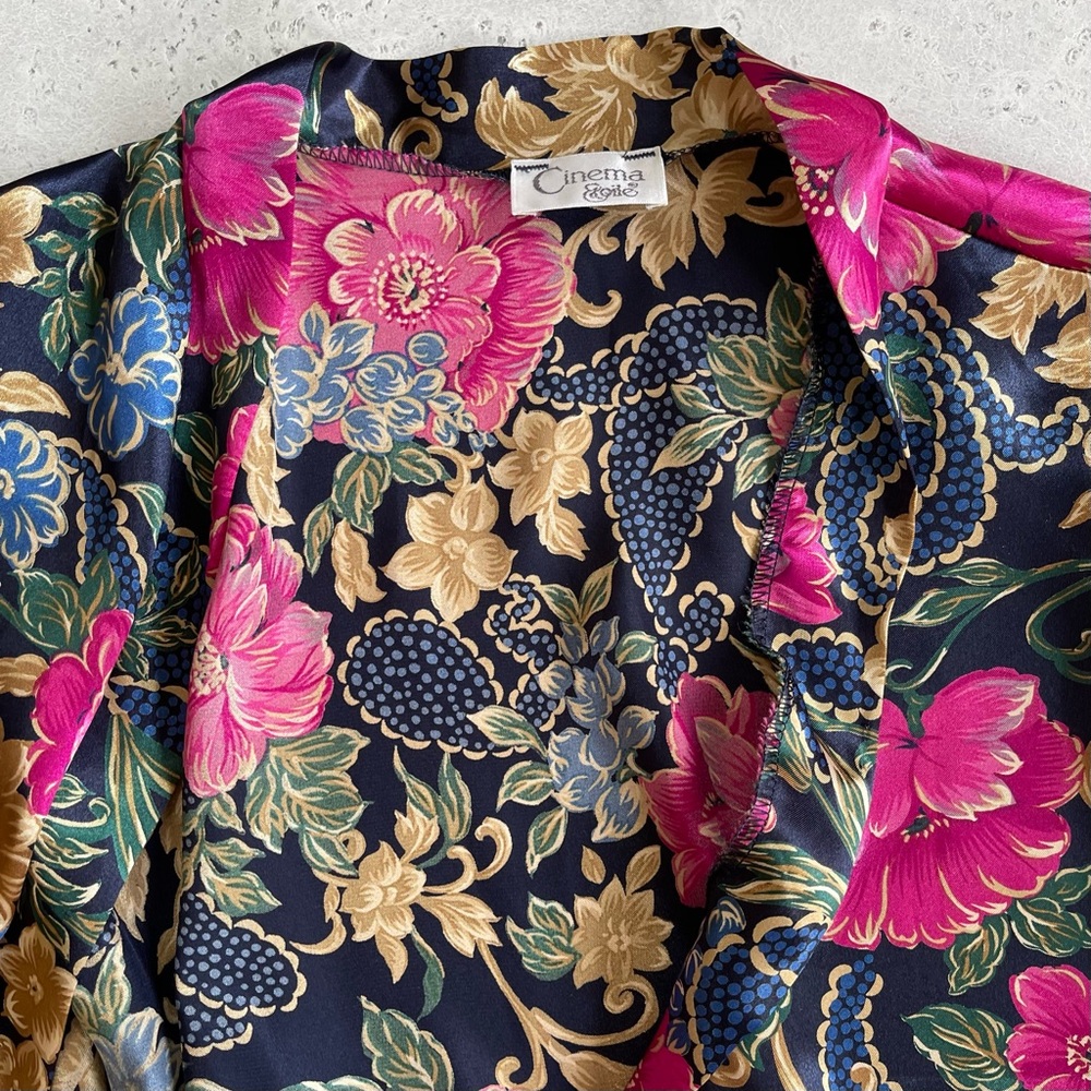 Vintage Cinema Etoile Sexy Silk Pink Floral Flower Print Lingerie Robe - Picture 8 of 8